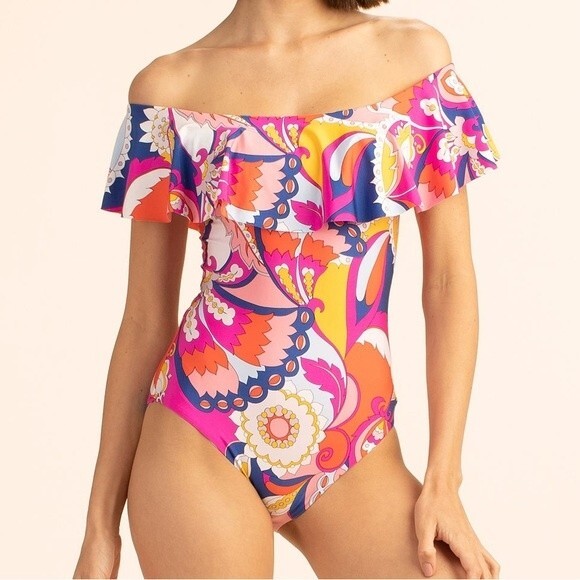 NWT Trina Turk Sevilla Ruffle One Piece Swimsuit Pink Blue Combo Women’s Size 14